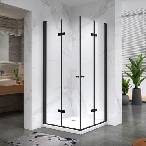 ELIZA-BLACK Cabine de douche noire 90 x 90 cm H.180 cm porte pliante pivotante verre 6 mm transparent anticalcaire