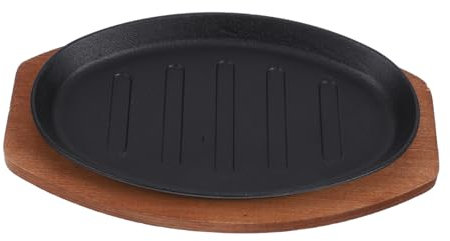 Luxshiny Plato de Hierro Fundido para Servir Carne y Pescado Parrilla con Base de Madera, Resistente y Fácil de Limpiar, Adecuado para Uso en Casa y Asados