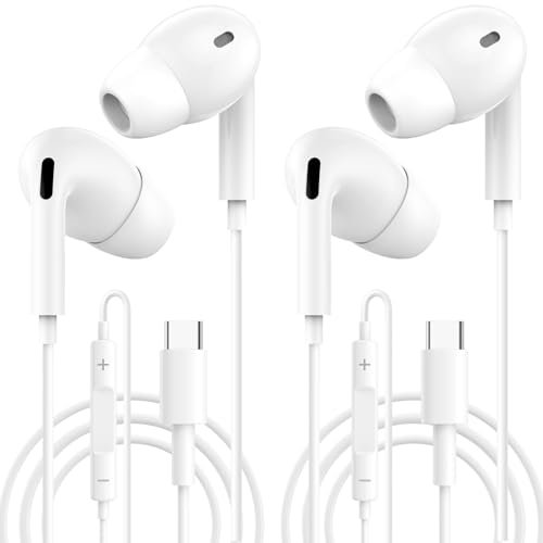 2-Pack USB-C In-Ear Headphones,HiFi Stereo Sound & Noise Cancelling Wired Earphones with Built-in Mic&Volume Control for i-Phone 16/15/Pro/Pro Max/Plus,i-Pad Pro,Galaxy S24/S23,H-uawei P60,Pixel 8/7/6