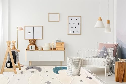Mazovia Teppich Kinderzimmer 120x170cm Creme Sterne Kinder 3D-Muster | Teppich für Wohnzimmer Schlafzimmer Esszimmer Büro Beige Pflegeleicht Tierfreundlich Allergikerfreundlich Mittelflor Stilvoll