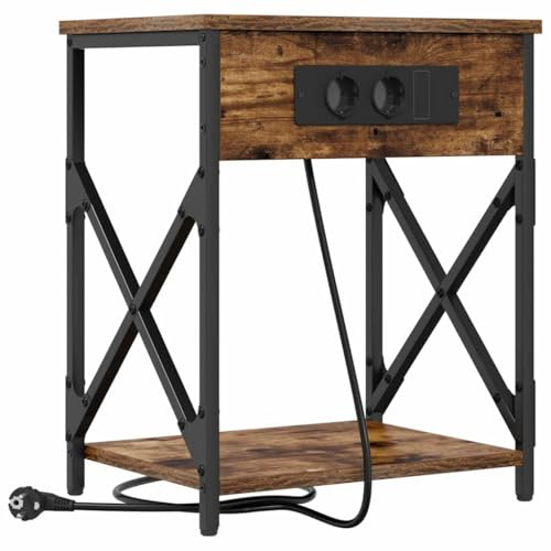 vidaXL Smoked Oak Bedside Table, Chipboard with Charging Station, Metal Legs, Modern and Elegant Look, Compact 41 x 31 x 51 cm, Bedroom Furniture, Brown Finish, Rangem Shelf