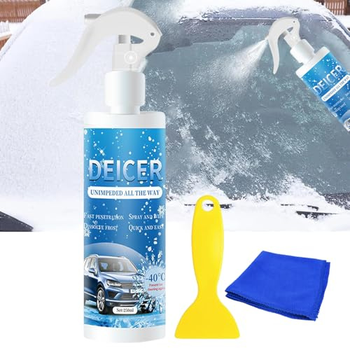 Spray Antighiaccio Auto,Spray Deghiacciante Auto,Spray Sciogli Ghiaccio Auto,Descongelador Parabrisas,Sbrinatore Parabrezza Auto,Spray Antigelo Auto,Spray Sbrinante per Auto,con Panno e Raschietto