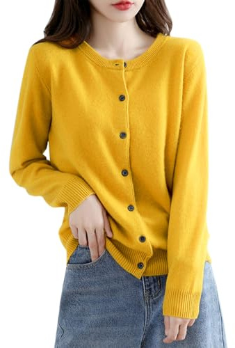 Long Cashmere Cardigan Autumn Winter Long Sleeve Crewneck Button Down Cardigans Soft Knitted Open Front Sweater Casual Chunky Knit Jumper Lightweight Solid Color Crochet Knitwear Coat Yellow
