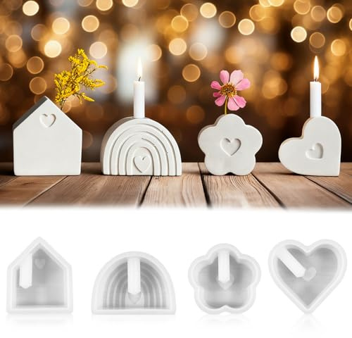Silikonformen Gießformen 4 Stück Kerzenhalter Silikonform Weihnachten Regenbogenform Haus Herz Blumen Silikonformen Kerzenhalter DIY Gießform