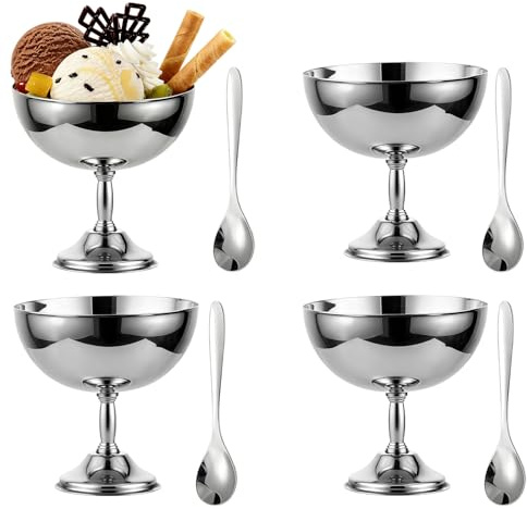 Tissting 4 Pcs Ice Cream Bowl, 270ml Stainless Steel Dessert Bowl Reusable Silver Footed Sundae Cup with Spoon or Fork, Milkshake Cup for Dessert, Frozen Yogurt, Gelato, Birthday Party Decorations