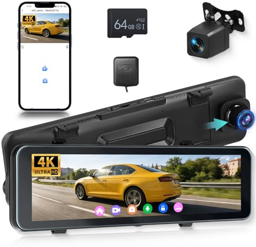 Hodozzy Dashcam Rétroviseur 4K Avant + 1080P Arrière Voiture, GPS ADAS BSD WiFi & App, écran Tactile 10,88 Pouces Caméra Voiture avec Mode Parking, G-Capteur, Boucle, Vision Nocturne, Carte 64Go