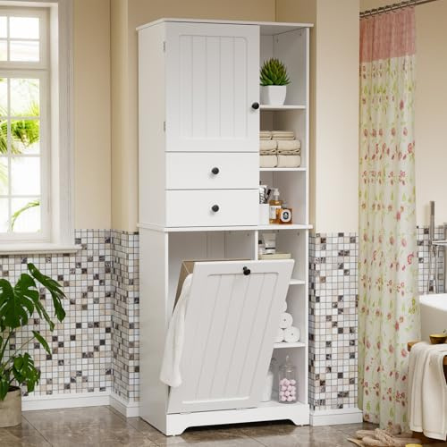 Armario de Baño Columna con estante ajustable y compartimento abierto Mueble Columna de Baño Estrecho Armario Alto y Estrecho Ar-mario Auxiliar de B-año en MDF para B-año Pequeño Blanco 60x40x170.2CM