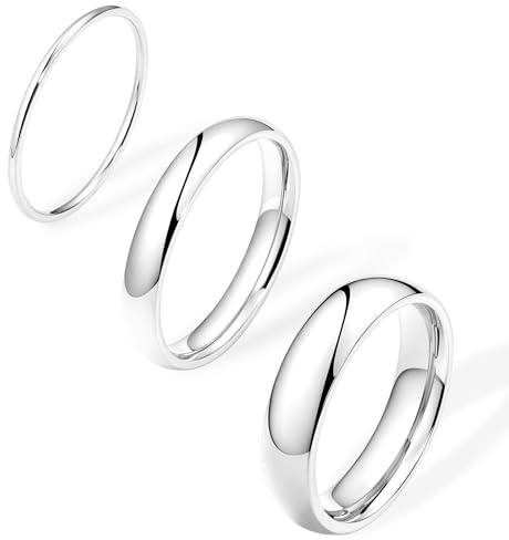 Sterling Silver Plated Wedding Band Rings for Men, Thick Wide Non Tarnish Rings for Promise Engagement Statement, Simple Waterproof Stackable Bands Set Comfort Fit 3Pcs 1mm 3mm 5mm Size 12