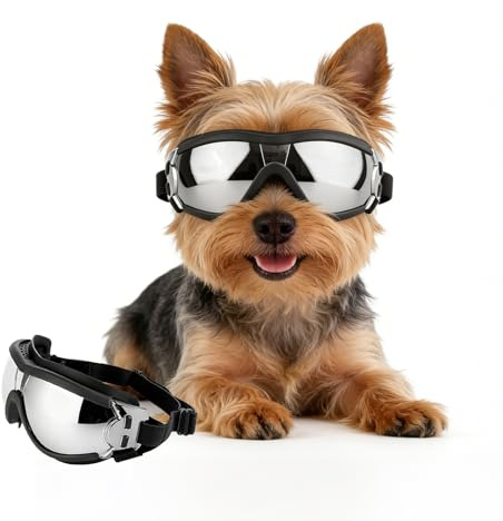 PETLESO Occhiali per cani di piccola taglia Anti-UV Impermeabili Occhiali da moto per cani con elastico regolabile, occhiali da sole per cani di piccola taglia - Argento, S