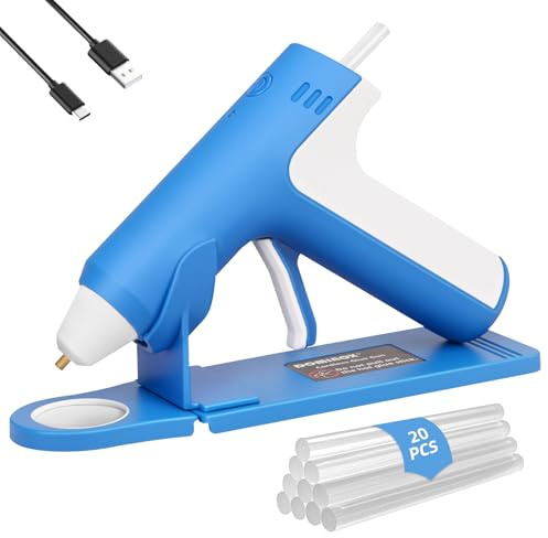 DOMINOX Pistola de Pegamento Caliente Inalámbrica con 20 Barras de Silicona, Calentamiento Rápido de 25S, Batería Recargable 2000mAh Type-C, Apagado inteligente, para Arte, Artesanía, DIY, Azul