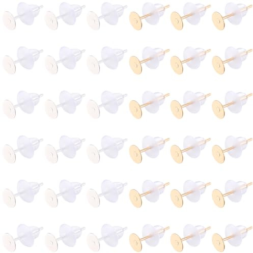 Beebeecraft 200 pz 304 Orecchini A Perno in Acciaio Inossidabile da 5mm con 200 Dadi per Orecchini in Oro 24 carati e 925 Orecchini A Perno con Cuscinetto Piatto Placcati in Argento Sterling