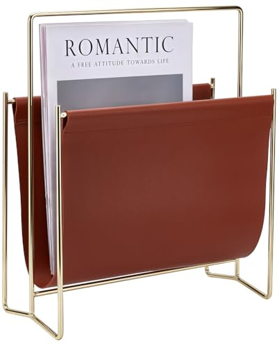 UNICRAFTALE Modern Brown Magazine Rack Leather Book Storage Holders 30x13.5x35.5cm PVC Leatherette Newspaper Holder Magazine Stand with Metal Plated Iron Frame For Home Office Bathroom