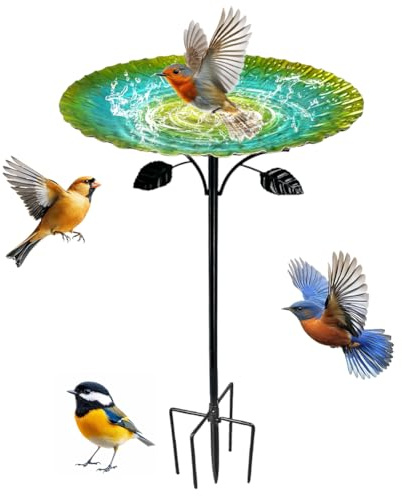 Abbeveratoio per uccelli in piedi, 85 cm, resistente all'inverno, per uccelli con forte base a 5 punti, grande ghisa, bagno per uccelli da giardino, in metallo antigelo retrò, verde, facile da pulire
