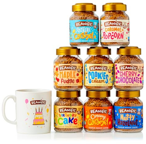 Beanies Flavoured Instant Coffee Birthday Gift Set with Mug 400g (8 x 50g Jars) - Nutty Hazelnut, Caramel, Cookies & Cream, Birthday Cake & More, Sugar Free, Low Calorie