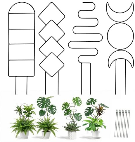 Support Plante et Treillis métal pour Plantes grimpantes, Lot de 4 avec 4 Formes et 10 Attaches, tuteur pour Monstera, Lierre, Rosier et Autres Plantes d'intérieur et d'extérieur