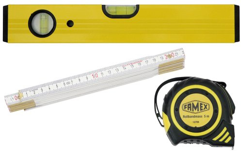 Famex 12812 Set Messwerkzeuge, 3-teilig: Rollbandmaß 5 m, Zollstock 2 m, Leichtmetall-Wasserwaage