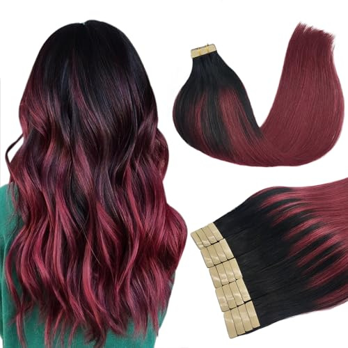 DOORES Remy Tape Extensions Echthaar, Tiefschwarz bis Rot 45cm (18zoll) 50g 20pcs, Hair Extensions Tape in Full Thick Ends Haarteil für unsichtbare Tape Extensions