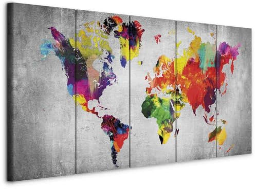 B&D XXL - Leinwandbild Abstrakt bunt Landkarte, 200x80 cm, 5-teilig, modern | Hochwertige Leinwand, sofort aufhängbar, ideal fürs Wohn- oder Schlafzimmer, wasserfest und lichtecht, langlebig, stilvoll