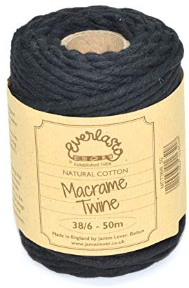 50M Spools - Everlasto Single Twist Soft Cotton Coloured Macrame Craft Twine 38/6 (4mm approx) (Black)