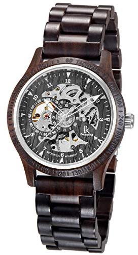 Alienwork Automatisk Klocka Herr Svart Trä-Armband Skelett