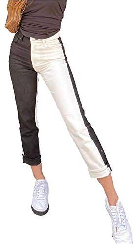 Onsoyours Femme Patchwork Jeans Taille Haute Extensible Bloc de Couleur Rectiligne Crayon Pantalons Droite Pantalon Patch Flare Denim Pantalon E Noir L