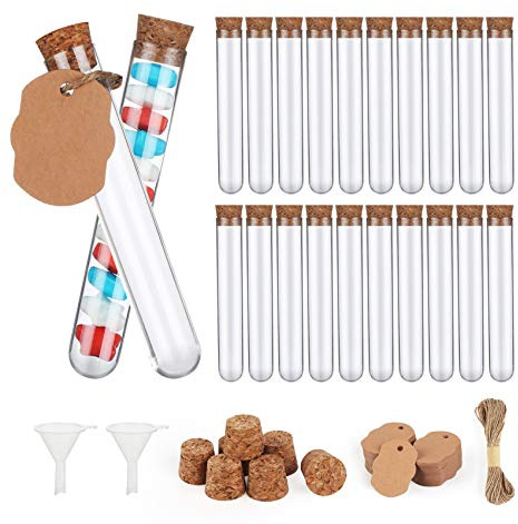 100 Pcs Plastic Test Tubes with Cork Stoppers 16ml, Clear Test Bottle Transparent Sealing 100pcs Elevator+20m hemp rope+2pcs Funnel,for DIY Craft Spices Liquids Candy