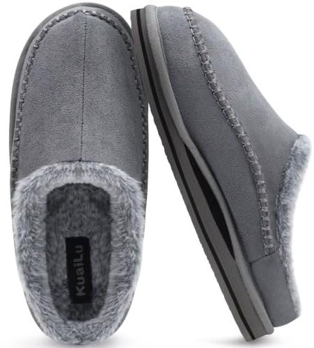 KuaiLu Herren Kuschelschuhe Memory-Schaum Plüsch offenem Rücken Hausschuhe | Bequeme Leicht Handgemachte Stitch Wärmeisolierung Slip-On Clog Pantoffeln Drinnen und Draußen Slippers EU40-48
