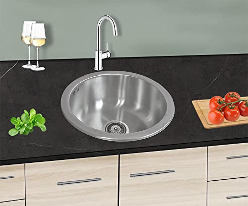 Omeere Fregadero de cocina de acero inoxidable 304 de 0,8 mm, 42 x 42 x18cm, Fregadero empotrado 1 seno,pequeña redondo (sin orificio de grifo)