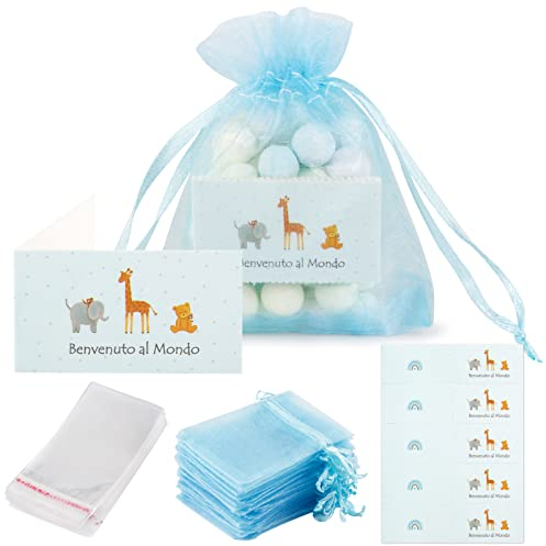 BETESSIN 50 pcs Organzabeutel mit 50 pcs Benvenuto Geschenkanhänger und 100 pcs Plastik Tüten für Geschenkverpackungen (Blau)