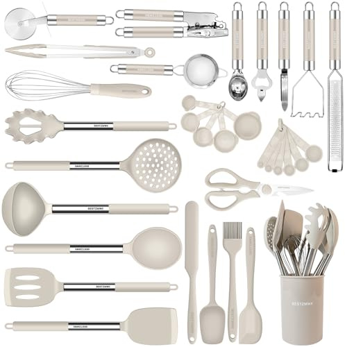Kitchen Utensils Set-Silicone Cooking Utensils-33pcs Non-Stick Silicone Cooking Kitchen Utensils Spatula Set with Holder-Best Kitchen Cookware with Stainless Steel Handle (Khaki)