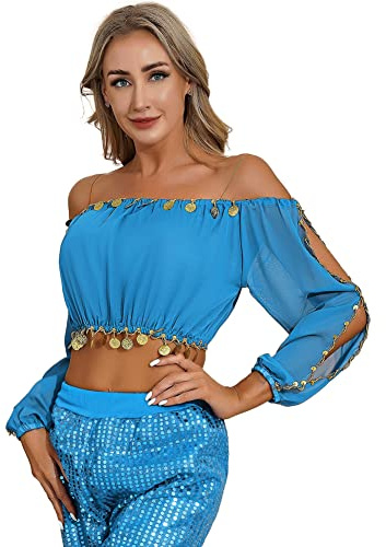 CHICTRY Bauchtanz Kostüm Damen Oberteil Kurz Bauchfrei Tanz T-Shirt Schulterfrei Tunika Bluse Pailletten Münzen Quasten Crop Top Belly Dance Outfit