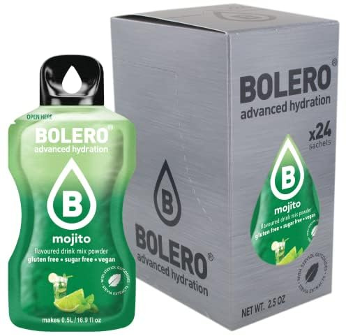 Bolero MOJITO 24x3g | Jus en poudre sans sucre, édulcoré à la stévia + vitamine C | pour enfants et sportifs | sans gluten, végétalien