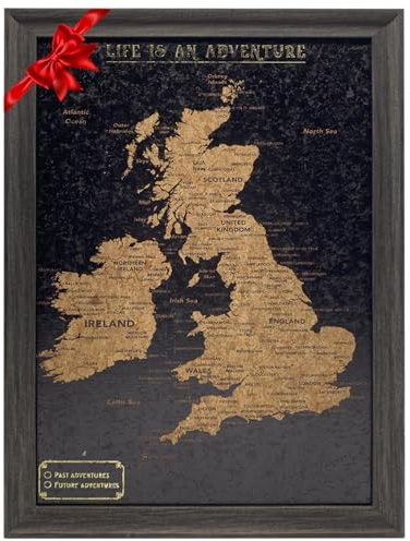 Splosh Kleine Reisekarte UK & Irland mit 100 Pins - Schwarz | Kleine gerahmte Pinnwand mit Holzrahmen und 100 Pins in 2 Farben zum Markieren Ihrer Abenteuer.