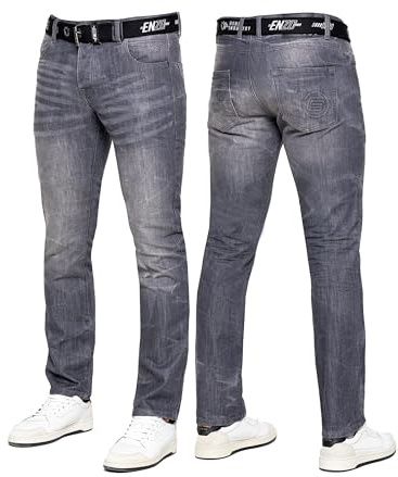 989Zé ENZO Mens Jeans Classic Straight Leg Casual Cotton Regular Fit Denim Pants Free Belt EZ384 Grey 34W / 32L