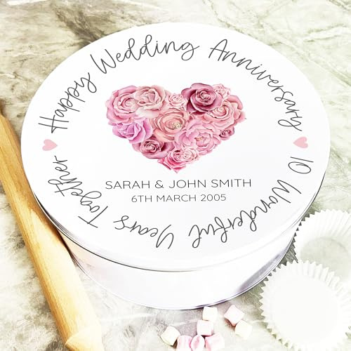 Round Happy Wedding Anniversary Pink Flower Personalised Cake Tin Personalised Gift | Custom Gift | Personalized Tin | Cake, Biscuit & Treat Tins | Gift For Her | Gift For Him