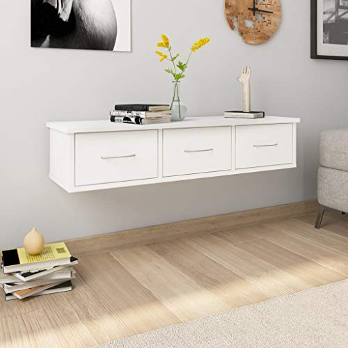 FIRBNUS Hängeregal Schwebendes Regal 88x26x18,5 cm Wandschrank Wandregal Wohnzimmer Regal Wand Schweberegal Schwebend Wandmontage Weiß Holzwerkstoff mit 3 Schubladen