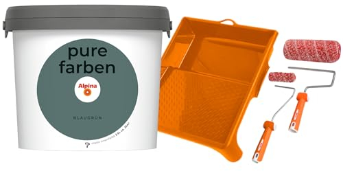 Alpina pure farben Wandfarbe – Blaugrün – strapazierfähige und atmungsaktive Innenfarbe – ergiebig, gut deckend & reinigungsfähig – inkl. Roller-Set und Farbwanne – 2,5 Liter