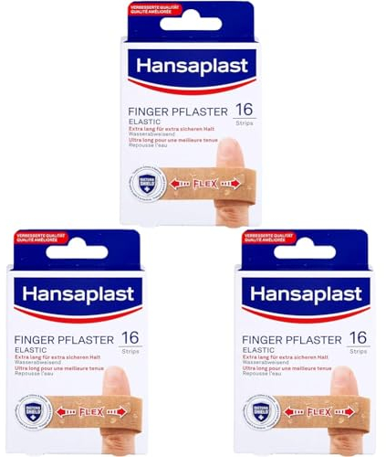 Hansaplast Elastic Fingerstrips Pflaster (16 Strips), extra lange Wundpflaster speziell für Wunden an den Fingern, flexible und atmungsaktive Fingerpflaster (Packung mit 3)