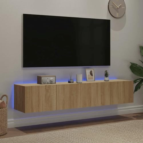 Canditree Ensemble Meubles TV Suspendu avec Lumières LED, Meuble TV Mural avec Rangement, étagère TV Flottante 160cm (chêne Sonoma)
