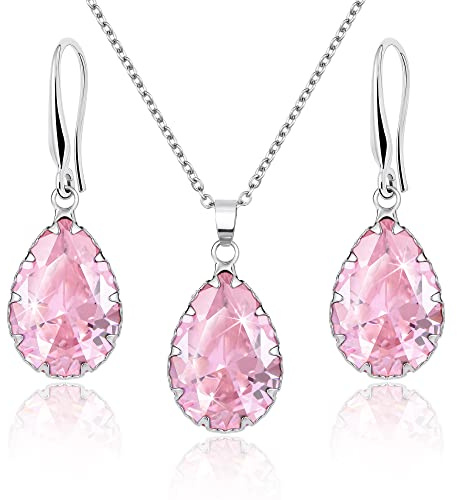 Linawe Set di gioielli rosa, set di gioielli in argento, set di orecchini in argento, orecchini da donna pendenti, collana a catena, ciondoli, gioielli per la moda nuziale