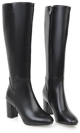 ZZQCCHL Bottes Longues à Fermeture Éclair Latérale pour Femmes Automne/Hiver - Cuir Verni, Talon Bloc, Mi-Mollet Extensibles, Talons Hauts, Noir, 36 EU