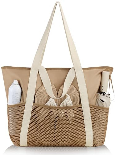 HOMESPON Strandtasche Damen mit Reißverschluss Große Wasserdicht Mesh Badetasche Familie Faltbar Beach Tote Bag Shopper,Khaki
