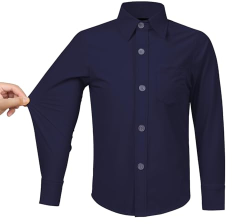 Boys' Stretch Long Sleeve Button Down Toddler Dress Shirt Wrinkle Free Oxford Uniform Shirt with Chest Pocket Navy 4T