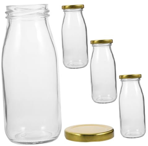 BUGUUYO 4 Botellas De Vidrio Para Leche y Jugo Tapa Incluida Resistente y Práctica