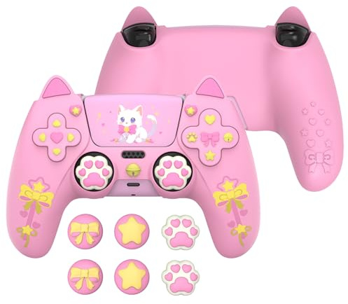 PlayVital Cute Silikonhülle für PS5 Controller, Anti-Rutsch Schutzhülle | Case Cover Skin Zubehör, kompatibel mit PS5-Ladestation, 6 Daumengriffkappen & 6 Aufkleber, Sweetheart Kitty, Rosa