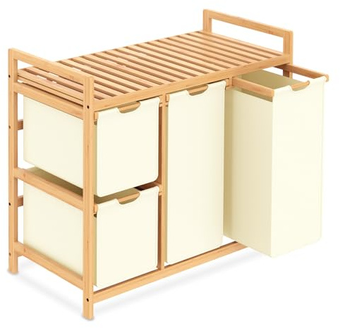 iEGrow Tvättkorg 3 fack, 150 l tvättkorg med hylla, bambutvättvagn för smutstvätt, push-pull tvättpåse av Oxfordtyg, 2 x 50 l, 2 x 25 l tvättlåda, beige
