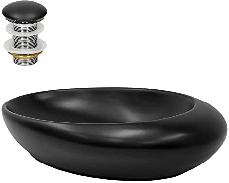 LuxeBath Waschbecken Keramik 585x375x145 mm oval Schwarz mit Ablaufgarnitur Schwarz, Kieselstein Form, Aufsatzwaschbecken Badezimmer/Gäste-WC, Modernes Aufsatzbecken, Waschtisch Waschschale Waschplatz