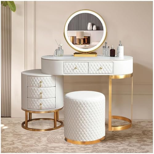 Romyqpipy Toilette Moderna con Specchio Led, 3 Modalità Di Illuminazione, Tavolo Da Trucco con Cassetti In Legno Massiccio E Sgabello, 1 Mobile Laterale, Installazione Flessibile, per Camera Da Letto