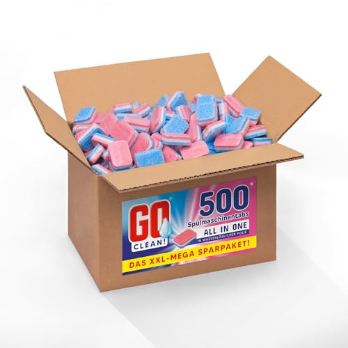 GO clean! Spülmaschinentabs All in One – 10 kg ca. 500 Stück 20g, XXL-Sparpaket in wasserlöslicher Folie mit starker Reinigungskraft gegen Schmutz und Fett
