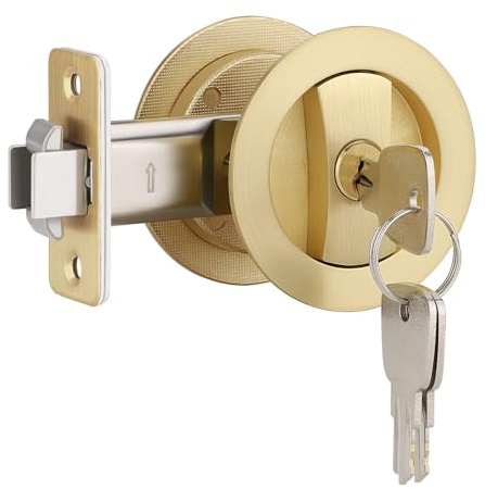EHOMEWARE 1 Pack Gold Pocket Door Hardware, Round Pocket Door Lock with Key | EHOMEWARE Brass Bifold Door Lock | Modern Recessed Sliding Door Pull | Reversible Pocket Door Handle for Left/Right Door